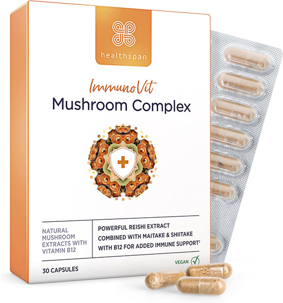 Healthspan Mushroom Complex | 30 Capsules | Immune Health | Added Vitamin B12 | Natural Mushroom Extracts-Reishi, Maitake & Shiitake | Vegan