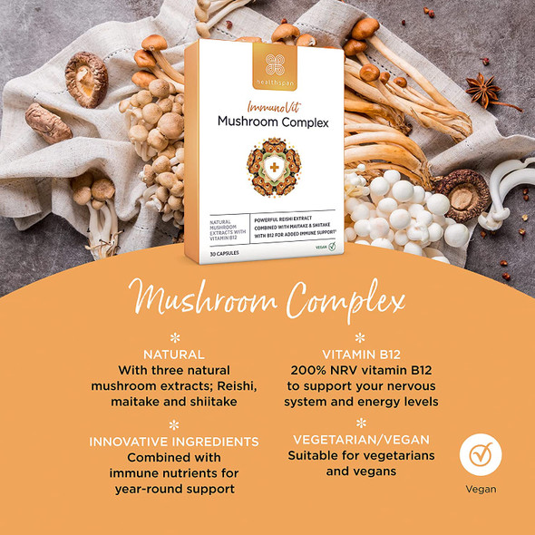 Healthspan Mushroom Complex | 30 Capsules | Immune Health | Added Vitamin B12 | Natural Mushroom Extracts-Reishi, Maitake & Shiitake | Vegan