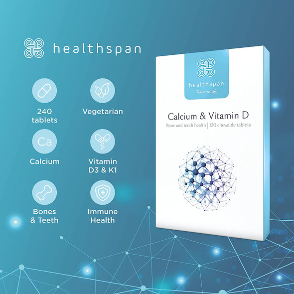 Healthspan Calcium & Vitamin D (240 Chewable Tablets) | High Strength Pure Calcium Supplement | Natural Source of Vitamin D3 | Added Vitamin K for Bone Health | Vanilla | Vegetarian