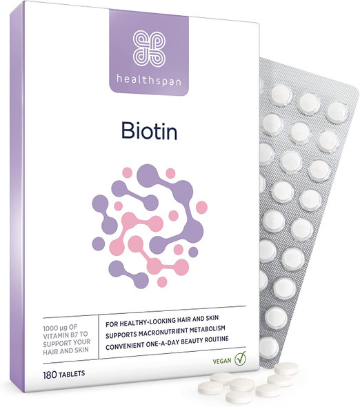 Healthspan Biotin 1,000g (6 Months Supply) | Vitamin B for Healthy Hair & Skin | Supports Macronutrient Metabolism | One-a-Day Tablets | Vegan