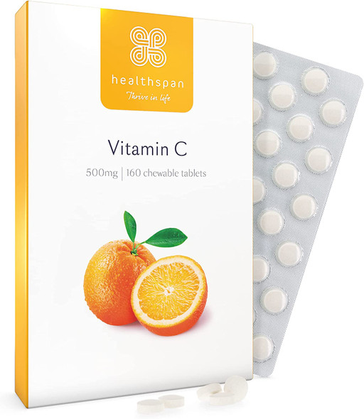 Healthspan Vitamin C 500mg (160 Chewable Tablets) | Supports Immune & Nervous Systems | Boosts Energy Levels & Psychological Function | Added Natural Citrus Bioflavonoids | Free of Aspartame | Vegan