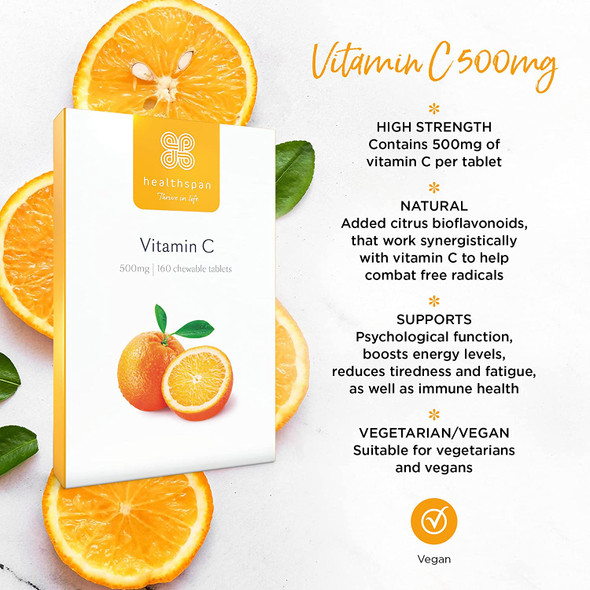Healthspan Vitamin C 500mg (160 Chewable Tablets) | Supports Immune & Nervous Systems | Boosts Energy Levels & Psychological Function | Added Natural Citrus Bioflavonoids | Free of Aspartame | Vegan