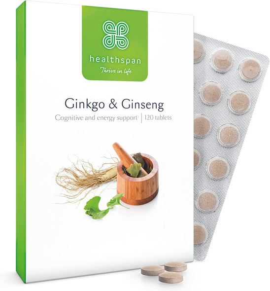 Healthspan Ginkgo & Ginseng | 120 Tablets | Ginkgo Biloba | Panax Ginseng Extracts | Iodine | Vitamin B3 | Vitamin B5 | Vegan