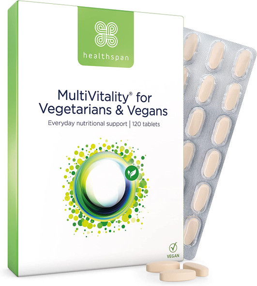 Healthspan Multivitamin for Vegetarians & Vegans (120 Tablets) | Promotes Immune Health and Energy Levels | Supports Bones, Teeth & Muscles | Includes Vitamins B12 & D, Calcium, Iron & Zinc | Vegan
