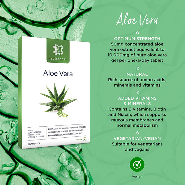 Healthspan Aloe Vera 10,000mg | 180 Tablets | Added B Vitamins | Supports The Body's Mucous Membranes | Supports Normal Metabolism | Vegan