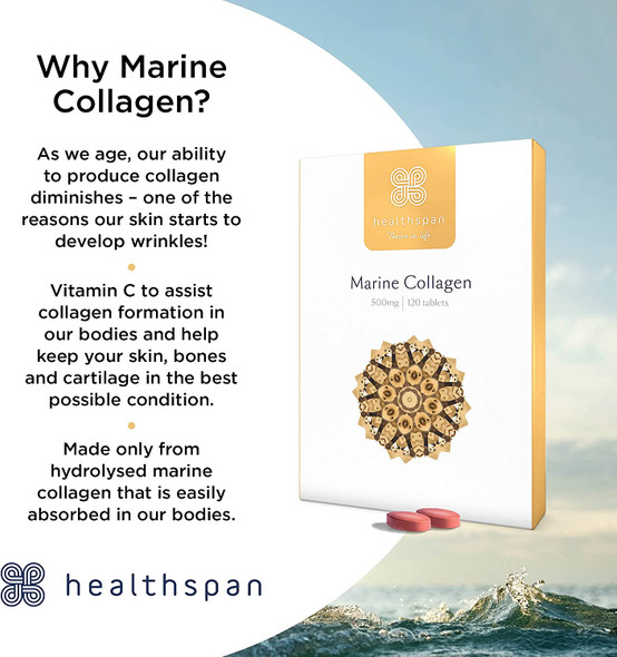 Healthspan Marine Collagen 500mg (120 Tablets) | Hydrolysed Type I Marine Collagen | Support Your Skin, Bones & Joints | Added Benefits for Skin & Beauty | with Vitamin C