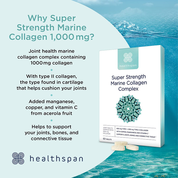 Healthspan 1,000mg Marine Collagen Complex | 800mg Type I + 200mg Type II Collagen | Support Your Joints, Bones & Connective Tissue | Added Benefits for Skin & Beauty