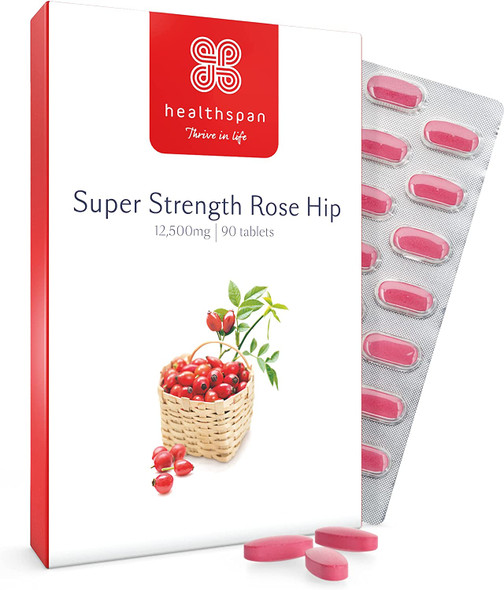 Healthspan Rose Hip 12,500mg | 90 Tablets | Muscle, Bone, Joint & Immune Health | Added Vitamin C & Calcium | Fatty Acids | Carotenoids | Polyphenols | Flavonoids | Rosa Canina | Vegan