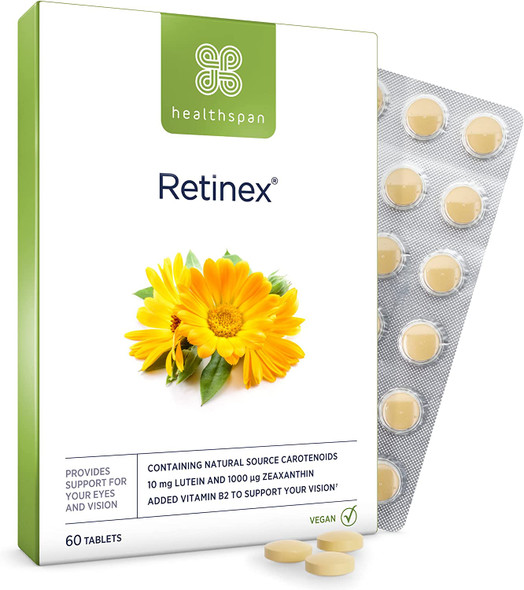 Healthspan Retinex | 60 Tablets | 10mg Natural Source of Lutein | High Levels of Zeaxanthin | Added Vitamin B2 | Vegan