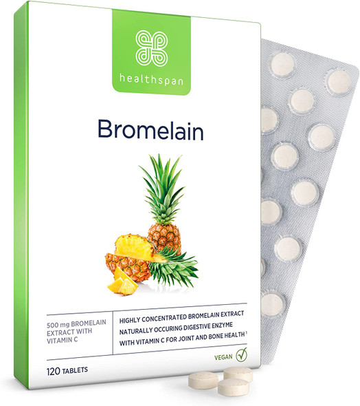 Healthspan Bromelain with Added Vitamin C | 90 Tablets | 500mg Bromelain Extract | Digestive Enzyme | Pineapple Plant | Vegan