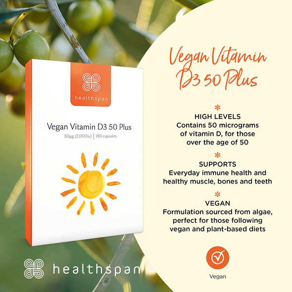 Healthspan Vegan Vitamin D3 50 Plus | 180 Capsules | 50 Micrograms of Vitamin D | Healthy Muscle, Bones & Teeth | Immune Support