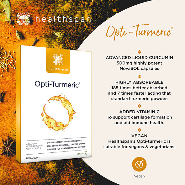 Healthspan Opti-Turmeric (60 Capsules) | High Strength 500mg Liquid Curcumin | Supports Cartilage Formation | Immune Health | 185 Times Better Absorbed & 7 Times Faster Acting Than Standard Turmeric