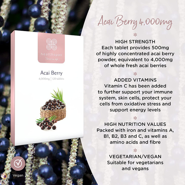 Healthspan Acai Berry 4,000mg | 120 Tablets | Nutrient Rich Super Berry | with Vitamin C | Rich Source of Amino Acids, Fibre, Vitamin A & B Vitamins | Vegan