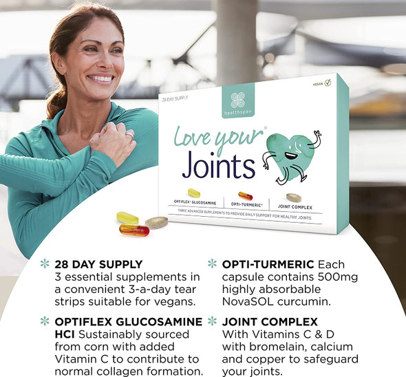 Healthspan Love Your Joints Multivitamin | 28 Day Supply | Support Healthy Cartilage, Bone & Muscle Function | Optiflex Glucosamine | Opti-Turmeric | Joint Complex | Vitamin C & D3 | Vegan