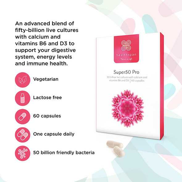 Healthspan Super50 Probiotic | 60 Capsules | Gut Health | with Vitamin D3 | 50 Billion Live Probiotic Cultures | Vitamin B6 | Calcium | Vegetarian