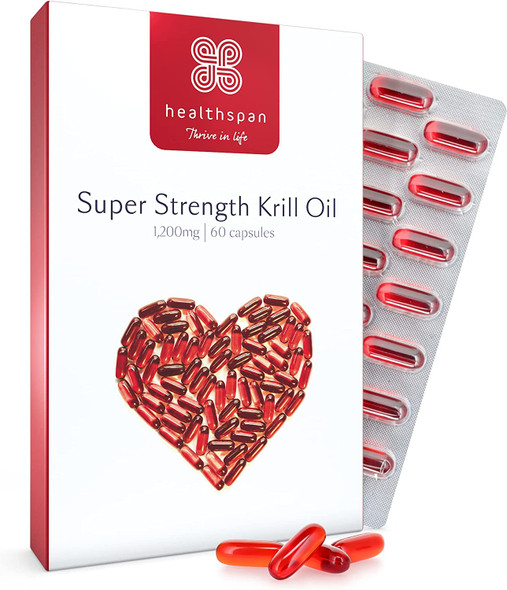 Healthspan Krill Oil 1,200mg | Super Strength | 60 Capsules | Sustainably Sourced | Vanilla Flavoured | Astaxanthin | Marine Phospholipids