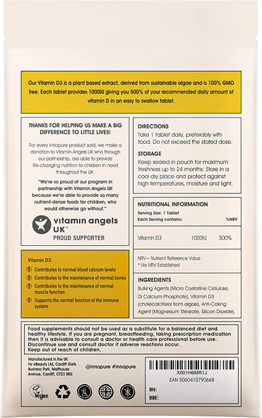 INNOPURE Vegan Vitamin D3 1000iu - D Vitamin Derived from Sustainable Plant Algae - Vegan Society Certified - UK Made