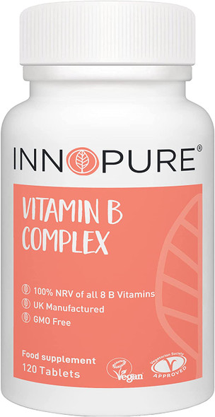 Innopure Vitamin B-Complex - Contains 100% Nrv Of All 8 B Vitamins B1, B2, B3 (Niacin) B5, B6, B12, Biotin & Folic Acid 1 Easy To Swallow Daily Tablet - 120 Tablets, 4 Months Supply - Vegan Society Approved