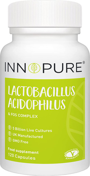 INNOPURE Lactobacillus Acidophilus & Prebiotic 120 Capsules (1 Capsule Daily) 5 Billion CFU + FOS & Inulin Powder for Gut Health - Probiotics with Prebiotics, Vegetarian Society Approved - Made in the UK