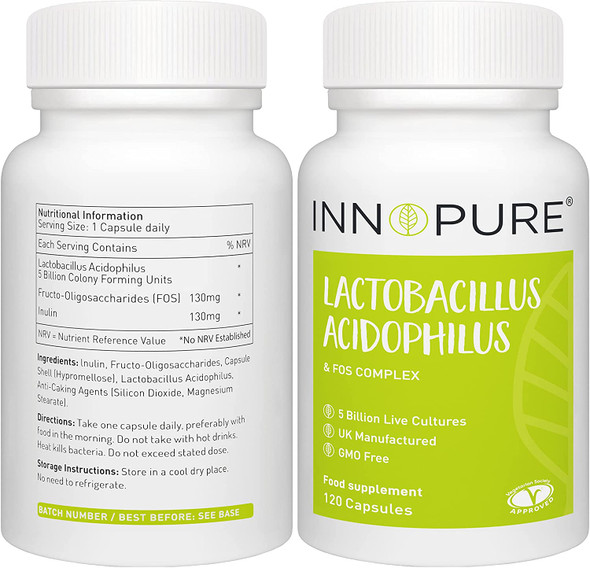 INNOPURE Lactobacillus Acidophilus & Prebiotic 120 Capsules (1 Capsule Daily) 5 Billion CFU + FOS & Inulin Powder for Gut Health - Probiotics with Prebiotics, Vegetarian Society Approved - Made in the UK