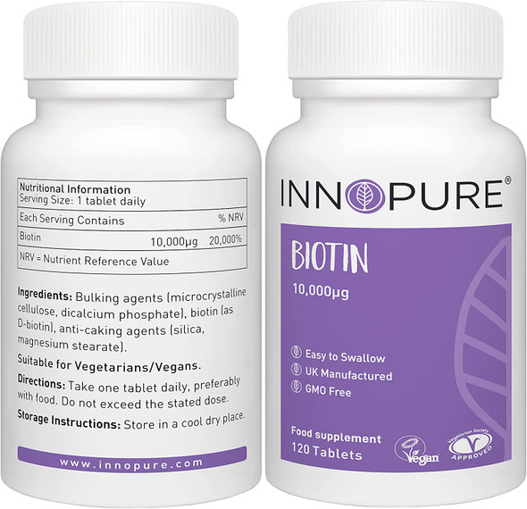 BIOTIN Tablets, Super Strength Hair Growth Supplement 10,000mcg - Vegan Society Approved - 120 Tablets - Made in The UK