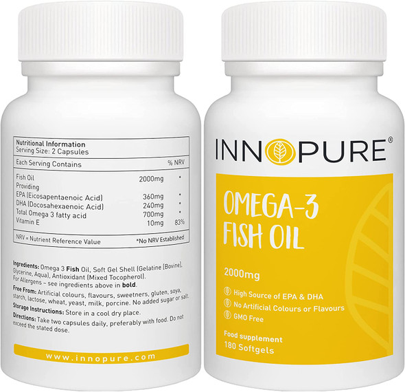 INNOPURE Omega 3 Fish Oil Capsules - 2000mg per Daily Dose Providing EPA & DHA, 180 Softgels - Made in The UK