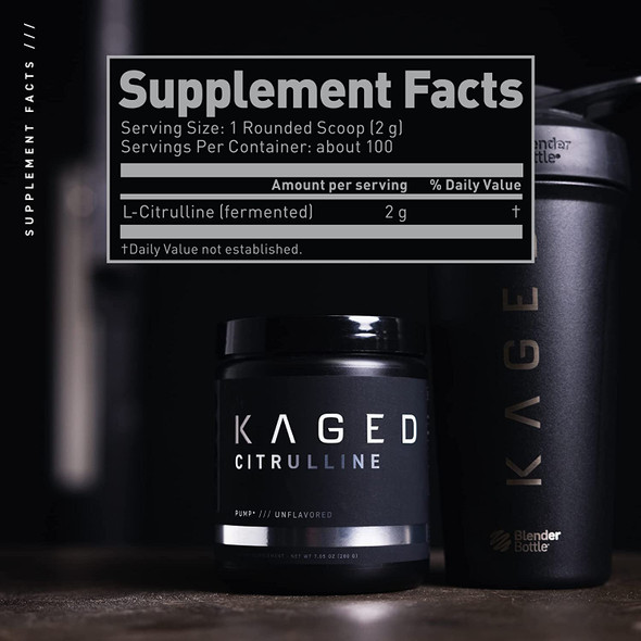 Kaged Muscle Premium L-Citrulline Powder, Enhance Muscle Pumps, Improve Muscle Vascularity, Nitric Oxide Booster, Citrulline, Unflavored, 100 Servings, white, 7.05 ounce (pack of 1) (KM-CITP-200)