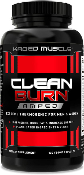 Kaged Muscle Clean Burn Amped Extreme Thermogenic for Men & Women, Weight Management Supplement with Organic Caffeine, 120 Veggie Caps