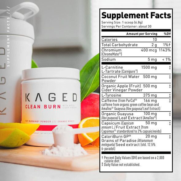 Kaged Muscle Clean Burn Powder Extreme Thermogenic for Men & Women, Weight Management Supplement with Organic Caffeine, Orange Mango, 30 Servings