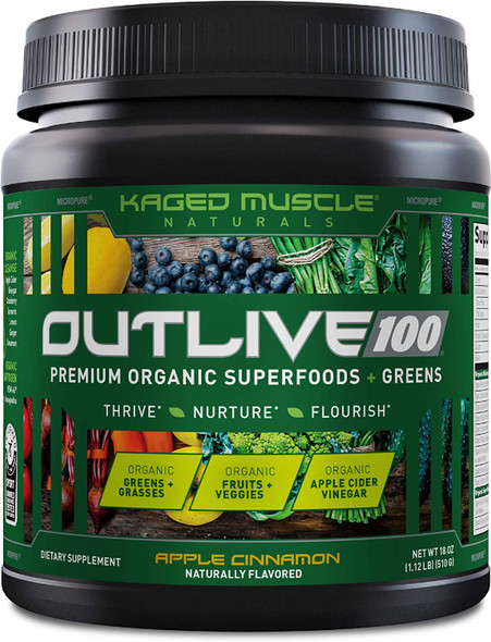 Kaged Muscle Outlive 100 Organic Superfoods and Greens Powder with Apple Cider Vinegar, Antioxidants, Adaptogen, Prebiotics,(Apple Cinnamon, 30 Servings)