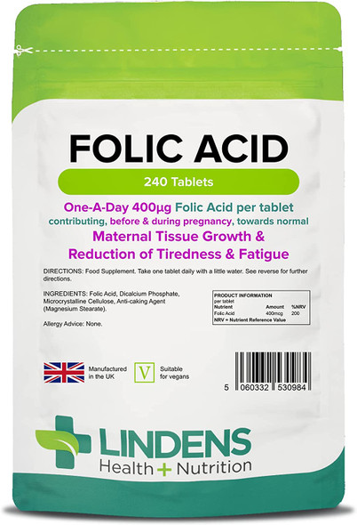 Lindens Folic Acid 400mcg - 240 Vegan Tablets - Pregnancy, UK Made to GMP | Immune Health, Energy and Vitality, Blood Formation, Psychological Function, Amino Acid | Made in the UK, Letterbox Friendly