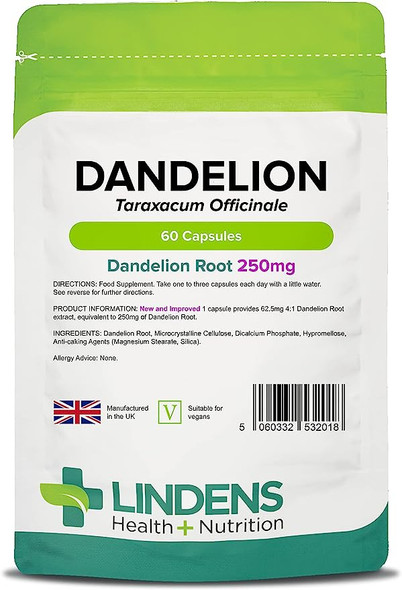 Lindens Dandelion 250Mg - 60 Vegan Capsules - Water Retention, Detox, Cleanse | Taraxacum Officinale | 250Mg Powdered Dandelion Root - Uk Manufacturer, Letterbox Friendly