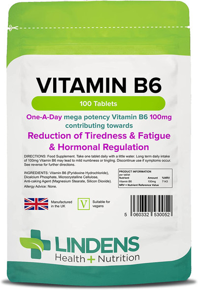 Lindens Vitamin B6 100mg Tablets - 100 Pack - Ultra-Potent 7000% Nrv Dose Contributes to Healthy Metabolism, Reduction of Tiredness, Normal Immune & Nervous System Function - UK Manufacturer, Letterbox Friendly