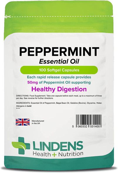 Lindens Peppermint Oil 50mg Capsules - 100 Pack - Essential Oil of Peppermint Supporting Healthy Digestion. - UK Manufacturer, Letterbox Friendly