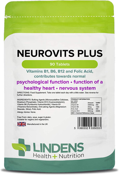 Lindens Neurovits Plus Tablets - 90 Pack - Contains Vitamin B1, B6, B12 & Folic Acid Contributes Towards Normal Psychological Function, Healthy Heart & Nervous System - UK Manufacturer, Letterbox Friendly