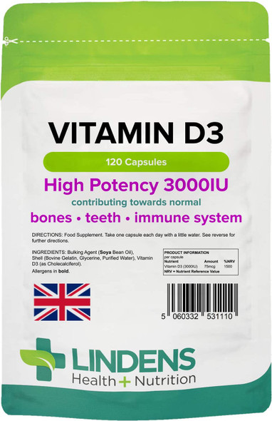 Lindens Vitamin D3 High-Potency 3000IU Capsules - 120 Pack - for Bones, Teeth, Immune System - 1500% NRV - UK Manufacturer, Letterbox Friendly