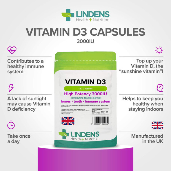 Lindens Vitamin D3 High-Potency 3000IU Capsules - 120 Pack - for Bones, Teeth, Immune System - 1500% NRV - UK Manufacturer, Letterbox Friendly