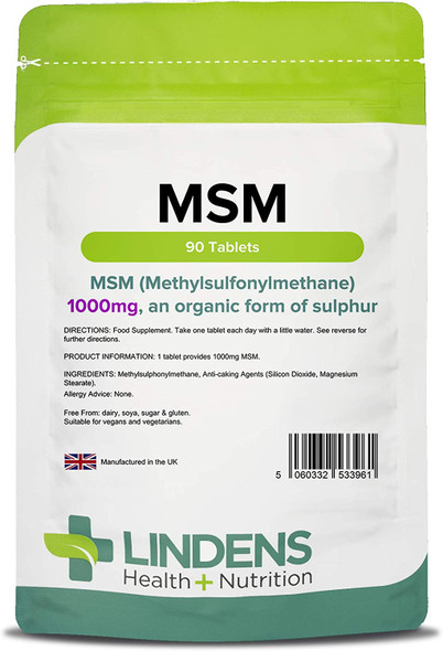 Lindens MSM 1000mg - 90 Vegan Tablets - Rich in Sulphur, Joint Support, Tissue, Joint Care Supplements | Natural Sulfur | (Methylsulfonylmethane) | (3+ Months Supply), UK Made, Letterbox Friendly