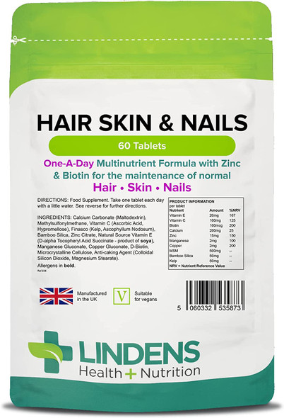 Lindens Hair Skin & Nails Tablets - 60 Pack - Contains Biotin, Zinc, Silica, Vitamin C, Vitamin E & MSM in A Convenient One-a-Day Tablet - UK Manufacturer, Letterbox Friendly