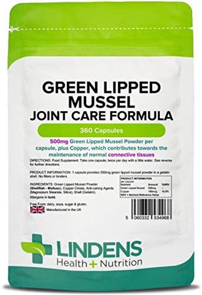 Lindens Green Lipped Mussel 500mg Capsules - 360 Pack - Joint Care Formula in Convenient, Rapid Release Capsules - UK Manufacturer, Letterbox Friendly