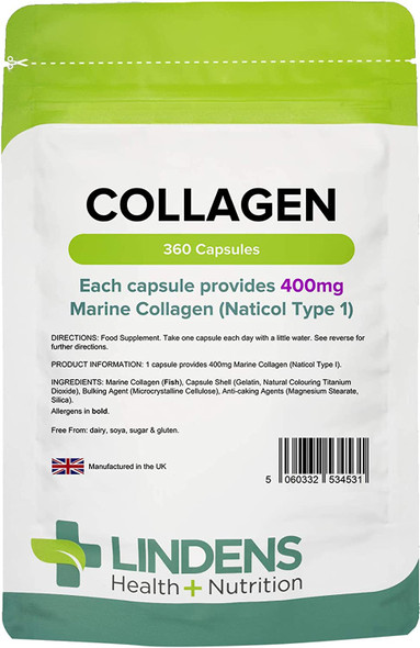 Lindens Collagen (Marine) 400mg Capsules 360 Pack - UK Manufacturer, Letterbox Friendly
