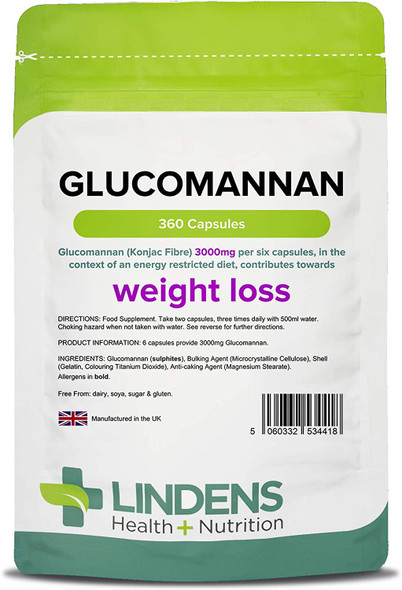 Lindens Glucomannan (Konjac Fibre) 500Mg Capsules - 360 Pack - Weight Loss Aid, Contributing Towards The Reduction Of Appetite That Is Lindens #1 Weight Loss Supplement - Uk Manufacturer, Letterbox Friendly