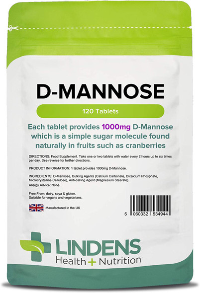 Lindens D-Mannose 1000mg Tablets - 120 Pack - Each Tablet Provides 1000mg D Mannose - UK Manufacturer, Letterbox Friendly