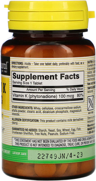 Mason Vitamins Vitamin K 100 mcg Tablets, 100-Count Bottles