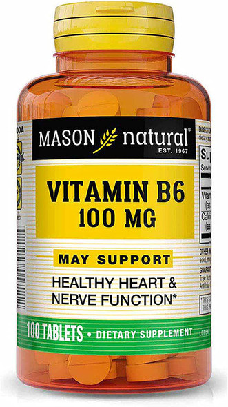 Mason Natural Vitamin B6 100 Mg With Calcium - Healthy Heart, Supports Muscle And Nerve Function, Improved Energy Metabolism, 100 Tablets