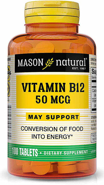 Mason Natural Vitamin B12 50 Mcg With Calcium - Healthy Conversion Of Food Into Energy, Supports Nerve Function And Health, 100 Tablets