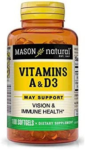 Mason Natural Vitamins A & D3 from Fish Liver Oil - Healthy Vision and Immune Health, Improved Muscle and Nerve Function, 100 Softgels