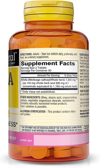 Mason Natural Alfalfa 650 mg (10 Grain) - Excellent Source of Vitamin K, Balanced Nutritional Support, 100 Tablets