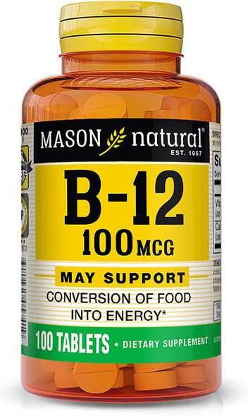 Mason Natural Vitamin B12 100 Mcg With Calcium - Healthy Conversion Of Food Into Energy, Supports Nerve Function And Health, 100 Tablets