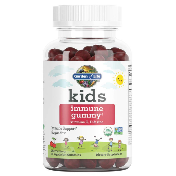 Garden of Life Kids Immune Gummy, Cherry Flavor - Vitamin C, D & Zinc Gummies for Immune Support - Sugar Free, Organic Immunity Gummy Vitamins for Children, 60 Vegetarian Gummies - Packaging May Vary